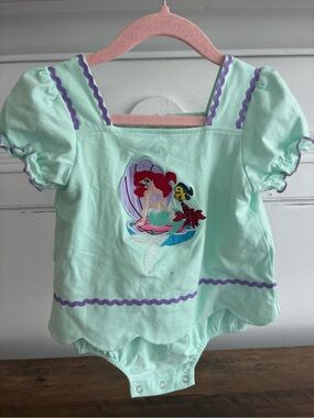 Mint Green Puff Sleeve Little Mermaid Romper with Purple Trim